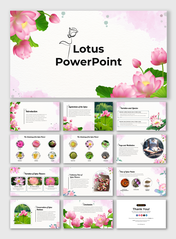 Slide deck featuring images of lotus flowers with pink and green floral borders and text across multiple layouts.