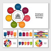 Collection of slides on employee retention, with circular icons, colorful text boxes, and strategy focused layouts.