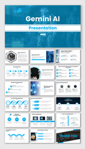 Gemini AI slide deck with blue accents, covering types, benefits, and future trends, featuring tech visuals.