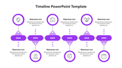 Purple themed timeline with circular icons and milestones, connected by a horizontal line and dots.