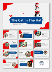 Slide deck explaining the cat in the hat, with red and blue theme, featuring whimsical shapes, and story visuals.