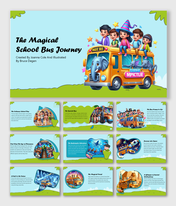 Colorful storybook slide deck featuring children on a magical school bus with an elephant front, embarking on adventures.