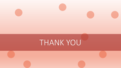 Thank you slide with a light pink gradient background, dotted with circular patterns, and a central horizontal red bar containing the text