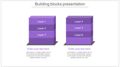 Building blocks infographic with two stacks of labeled layers, each containing placeholder text below.