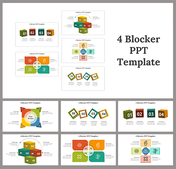 Slide deck featuring multiple 4 block templates in different shapes and layouts, each with colored blocks and icons.