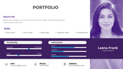 Portfolio slide featuring a profile picture, skills list, personality and motivations chart, and contact details.