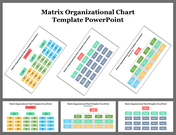 Set of matrix charts showcasing a clear organizational structure with color coded rows for teams and management.