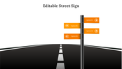 Street sign PowerPoint slide with a road background, featuring a pole with directional signs labeled Option 01 to 04.