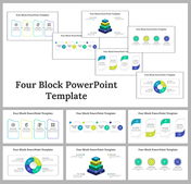 Four block with multiple slides with different layouts, each featuring four blocks for placeholder text.