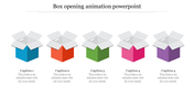 A colorful box opening animation slide featuring four boxes in various colors with captions.