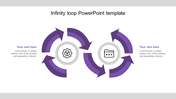 Infinity loop diagram with purple arrows around two icons, each with text areas on a white background.