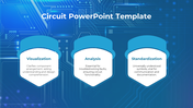 Circuit-themed slide with three blue sections highlighting visualization, analysis, and standardization.