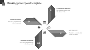 Gray banking template featuring four arrows in a cross shape with icons and captions for each segment.