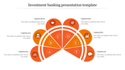 Orange semi-circle with six segments labeled A to F, each connected to circular icons on the outer ring.