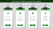 Green themed investment banking template highlighting from saving accounts to deposit certificates with icons and text.