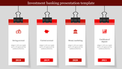 Four vertical white cards with red icons and headers, each held by a black binder clip, representing banking options.