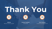 A Thank You slide with handshake background and icons for address, phone number, and email address.