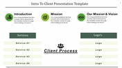 A  client slide with three icons from introduction to our mission and vision, followed by sections with placeholders.