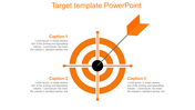 Target diagram slide with an orange bullseye and three captions representing different goals with placeholder text.