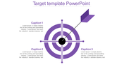 Purple target diagram with an arrow hitting the center, surrounded by three captions.