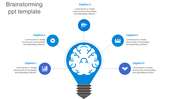 Brainstorming PowerPoint template with a lightbulb shaped brain design and five idea nodes connected around it.