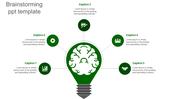 Brainstorming slide with a lightbulb and five green icons representing key ideas for teamwork and growth with text captions.