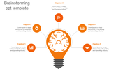 A slide with a light bulb and brain illustration, linked to five circular icons with captions for brainstorming ideas.