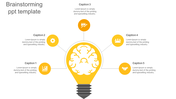 Brainstorming slide with a lightbulb icon in the center, connected to five yellow circles with placeholder text.