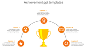 Achievement slide showcasing a trophy in the center and five orange circular icons with text captions.