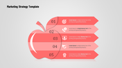 Marketing strategy template with a red apple into five segments, each containing a number, an icon, and placeholder text.