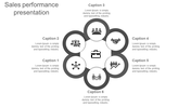 Slide design for sales performance, with six circular icons in a circular pattern, each labeled with captions areas.