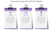 Slide featuring three sections with binder clipped cards displaying purple icons and text for vision, mission, and value.