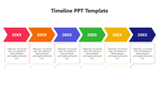 Timeline PPT template with six arrows in  multicolour, each labeled '20XX' and with placeholder text below each year.