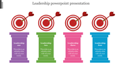 Leadership slide with four colored podiums each with a bullseye and dart icon and placeholder text.