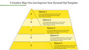 A yellow pyramid diagram slide showcasing five levels, each labeled with a letter and corresponding option.