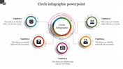 Circular infographic with five colored icons connected to a central circle, connected with lines and captions.