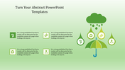 Abstract Green themed slide with icons symbolizing sustainability, innovation, and connectivity under an umbrella graphic.