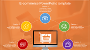 E commerce slide with a central shopping cart icon on a computer and surrounding colorful icons on an orange background.