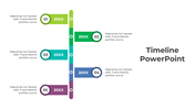 Horizontal timeline  slide with five markers labeled 1-5 each marker has a year (20XX), a color-coded bar.