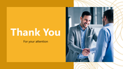 Yellow thank you slide with bold text on the left and a handshake image of two men on the right.