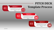 Pitch deck template with the title of its process placed with three numbered options and placeholder text.