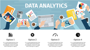 Data analytics slide featuring laptops, tablets, charts, and graphs, with four options and icons listed below.