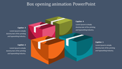 Infographic slide showcasing animated box designs, highlighting four captions with placeholder text.