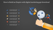 Digital marketing slide showing a hand holding a magnifying glass and various colorful graphs with icons and text.