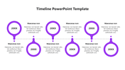 Horizontal timeline with six purple circular markers, connected by a dotted line, each representing different stages.