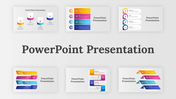 Pack of slide designs arranged in a grid, showing colorful infographics like arrows, charts, and diagrams on gray background.