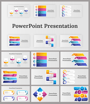 Pack of slide designs arranged in a grid, showing colorful infographics like arrows, charts, and diagrams on gray background.