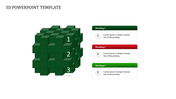 3D PowerPoint slide with a green cube illustration numbered 1 to 3 and aligned headings with placeholder text on the side.