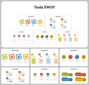 Slide deck featuring various layouts for tesla SWOT analysis with colored shapes in different designs.