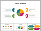 Pack of slides featuring SWOT analysis with diverse layouts of circular, hexagon, pentagon in green, blue, orange, and red.